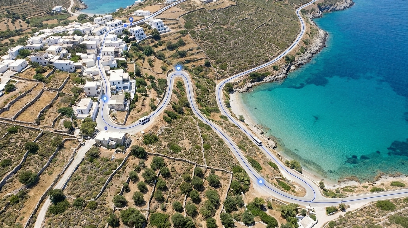 Aerial view of a Greek island: the coast road with its stops and two electric minibuses, with the operations console overlaid on the view.
